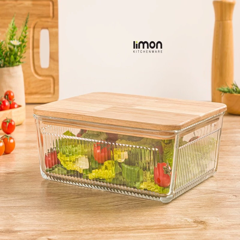 ظرف شیشه ای شیاردار2.25 لیتر درب چوبی219259 لیمون