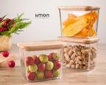 ظرف شیشه ای مستطیل 920 میلی لیتری درب چوبی218859